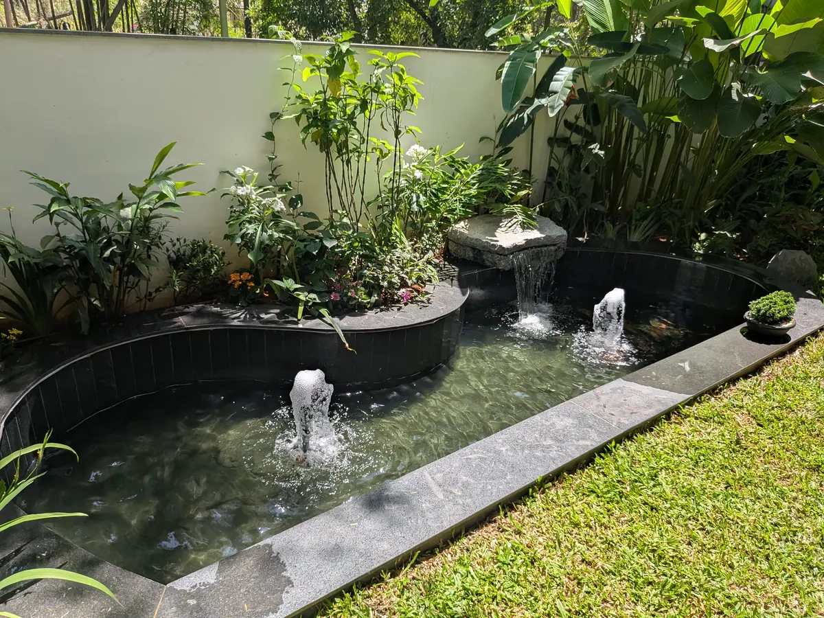 Landscaped water feature with fountains and koi pond at Lumia Residence